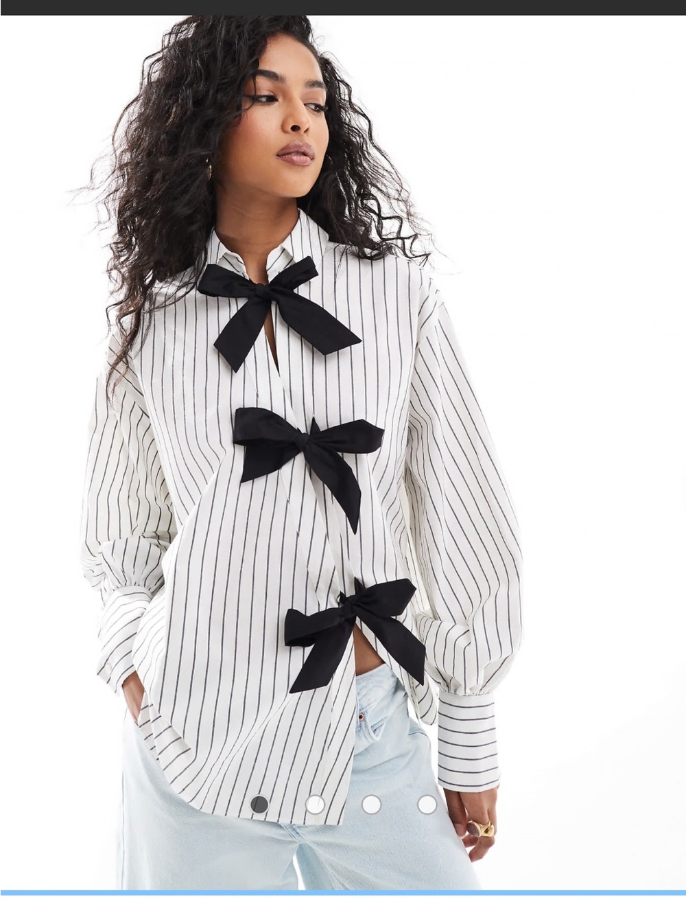 ASOS White Pinstripe Button-Down Shirt with Black Bow Details